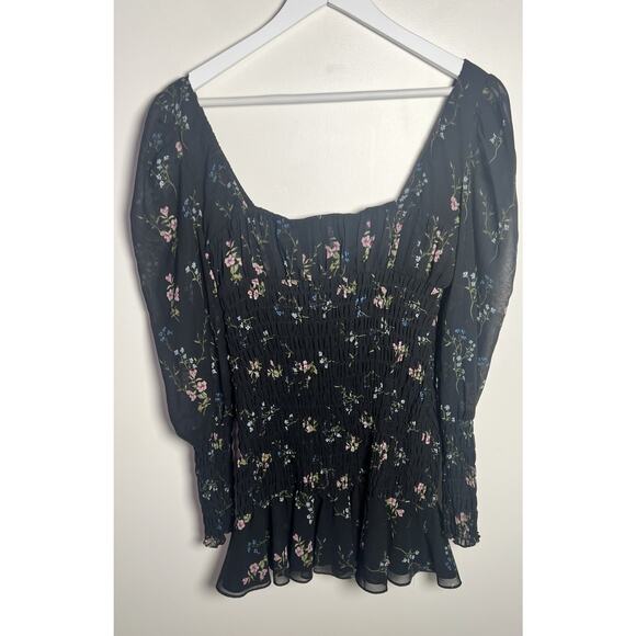 For Love & Lemons Medium Revolve Dixon Black Floral Chiffon Smocked Mini Dress - Picture 5 of 11